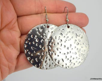 Large Shiny Textured Silver Medallion Earrings, Round Decorative Antiqued Silver Earrings, Gift under 30
