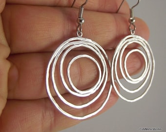 Silver Round Organic Loopy Earrings, Wedding Bride Bridesmaid Gift for Her, Mother's Day Holiday Gift under 25