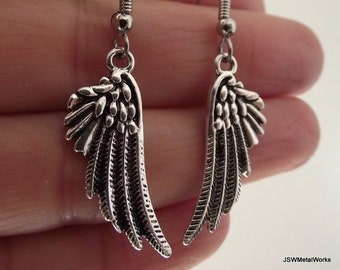 Small Silver Guardian Angel Wing Earrings, Ornate Antiqued Silver Wings, Gift for Her or Him