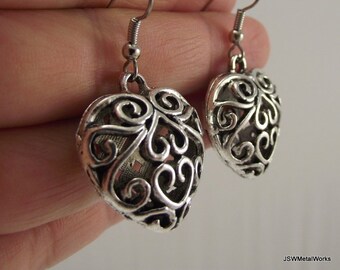 Puffed Antiqued Silver Filigree Heart Earrings, Silver Pewter Earrings, Love Valentine's Day Gift for her under 25