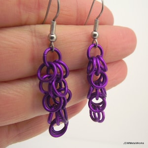 Purple Aluminum Chainmaille Earrings, Shaggy Chainmail Jewelry, Gift under 20