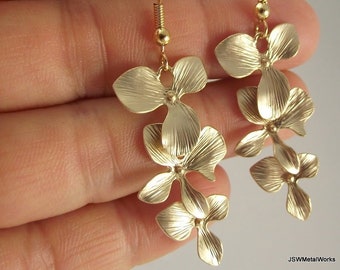 Cascading Orchid Flower Gold Earrings, Wedding Bride or Bridesmaid Gift Under 40