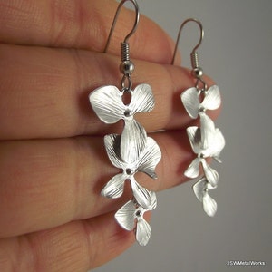 Long Cascading Silver Orchid Earrings, Wedding Bridal Bride Bridesmaid Gift Under 30