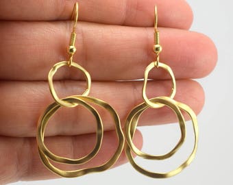 Triple Gold Organic Circles Wavy Earrings, Gold Bubble Earrings, Gift for her, Gift under 25