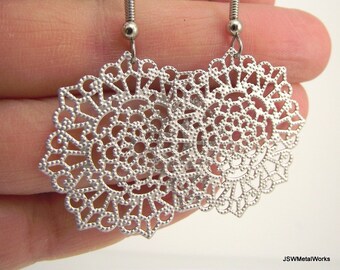 Round Silver Snowflake Earrings, Holiday Gift, Winter Jewelry, Gift under 25