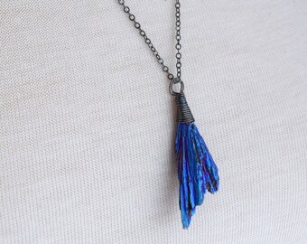 Blue Peacock Rainbow Aura Kyanite Pendant Necklace, OOAK Luxe Wire Wrapped Kyanite Titanium Necklace