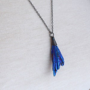Blue Peacock Rainbow Aura Kyanite Pendant Necklace, OOAK Luxe Wire Wrapped Kyanite Titanium Necklace