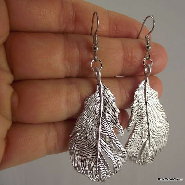 Bold Silver Feather Earrings, Silver Statement Earrings, Git for her under 35