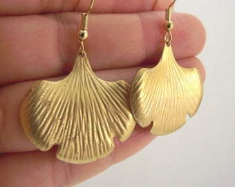 Vintage Raw Brass Ginko Leaf Earrings, Fall Wedding Jewelry Bridesmaid GIft, Golden Ginko Leaf Earrings