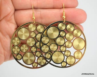 Round Golden Disco Medallion Earrings, Gold Earrings, Retro Gift for her under 20