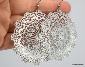 Elegant Round Lacy Filigree Silver Medallion Earrings, Large Statement Earrings, Gift for her under 30, Wedding Bride or Bridesmaid Gift