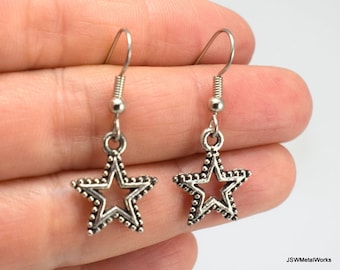 Small Dotted Silver Star Outline Earrings, Small Antique Silver Earrings, Cut Out Jewelry, Minimalist Jewelry