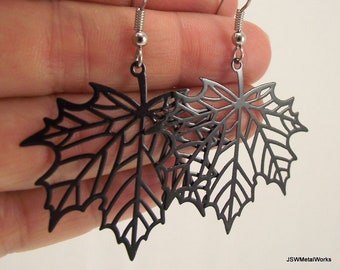 Black Maple Leaf Skeleton Earrings, Woodland Jewelry, Gift for her under 20