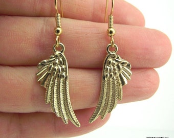 Pendientes pequeños de ala de ángel guardián dorado brillante, pendientes de ángel de plumas de oro, joyería minimalista