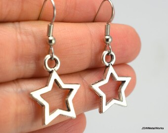 Medium Antique Silver Star Outline Earrings, Minimalist Pewter Celestial Star Jewelry, Gift under 20