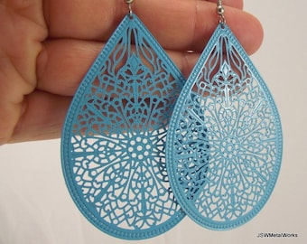 Medium Light Blue Filigree Teardrop Earrings, Easter Filigree Earrings, Elegant Gift for her under 25