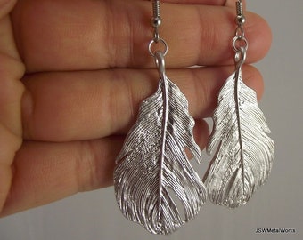 Bold Silver Feather Earrings, Silver Statement Earrings, Git for her under 35