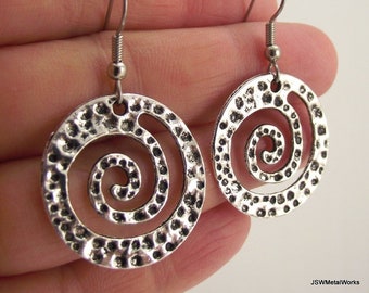 Round Textured Swirl Antiqued Silver Earrings, Round Pewter Earrings, Gift for her under 20