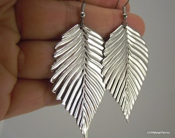 Shiny Silver Leaf Earrings, Gift under 20, Woodland Jewelry, Fall Jewelry Fashion