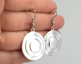 Large Geometric Silver Circle Earrings, Shiny Silver Round Medallion Earrings