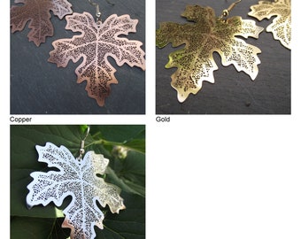 Large Gold Copper or Silver Maple Leaf Skeleton Earrings, Fall Woodland Jewelry, Gift for Her Under 20