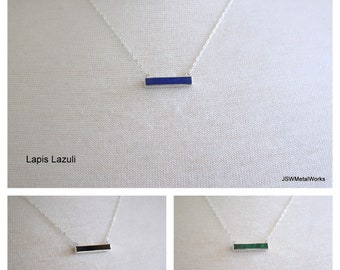 Dainty Gemstone Silver Bar Necklace, Sterling Silver Lapis Lazuli, Black Tourmaline, Amethyst, Labradorite, or Malachite Stacking Necklace