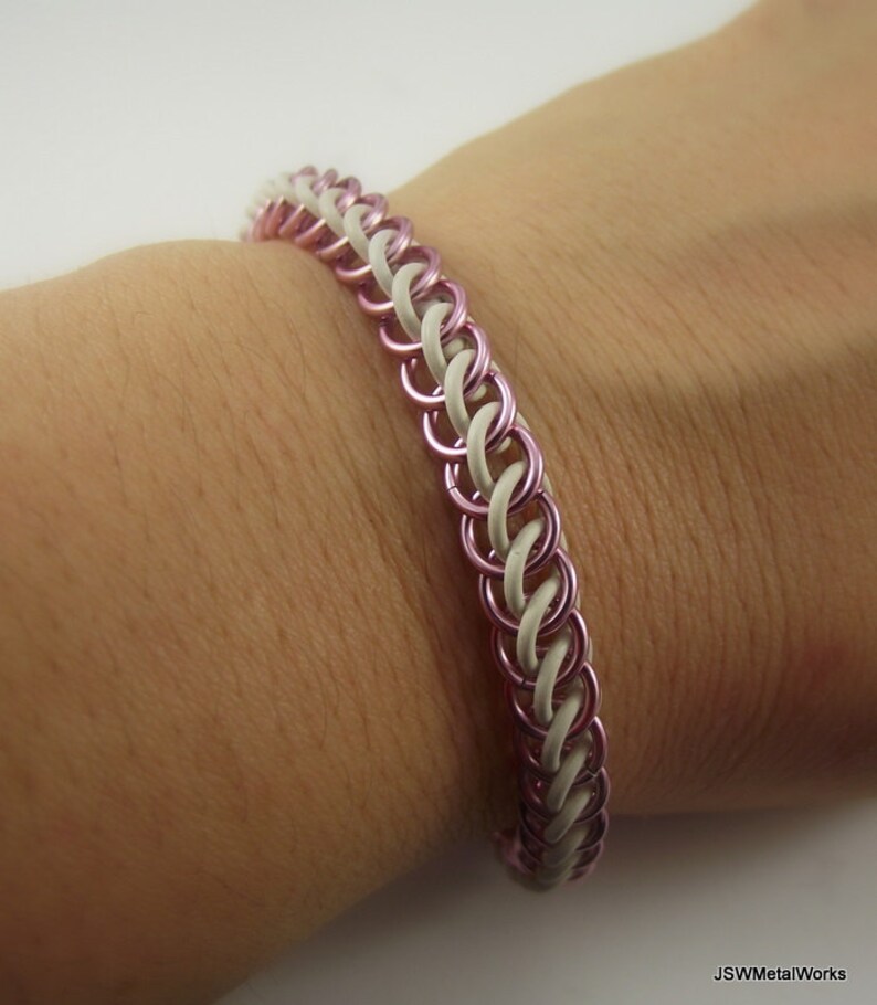 Pink Aluminum and White Rubber Stretch Chainmaille Bracelet, Stretch Bracelet for Men or Women image 1