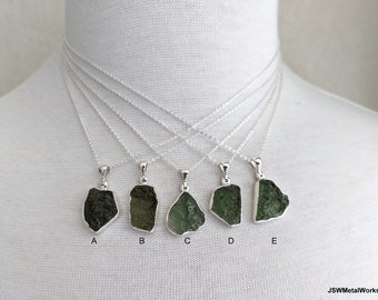 Raw Moldavite Sterling Silver Cable Chain Necklace, Natural Rough Moldavite Gemstone Pendant Gift for Her or Him, CHOOSE your PENDANT