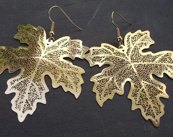 Large Golden Maple Leaf Skeleton Earrings, Gold Fall Woodland Wedding Jewelry Gift for Her Under 20