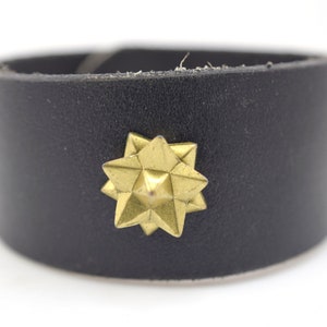 Black Leather Cuff with Brass Star Burst Snap Bracelet, Handmade Unisex Repurposed Leather Cuff, Leather Wristband Bracelet