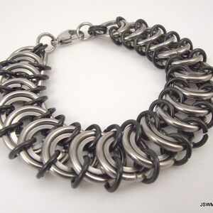 Unisex Stainless Steel King&#39;s Scale Chainmail Bracelet, Men&#39;s Bold Chainmaille Bracelet, Black and Silver Bracelet, Gift for Him or Her