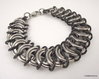 Pulsera unisex de malla metálica con diseño de escamas de rey y acero inoxidable, pulsera de malla metálica llamativa para hombre, pulsera negra y plateada, regalo para él o ella.