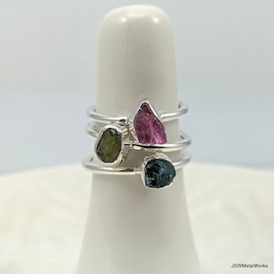 Raw Pink Blue or Green Tourmaline Silver Bezel Minimalist Stackable Ring, 925 Sterling Silver Rough Tourmaline Solitaire Gemstone Jewelry