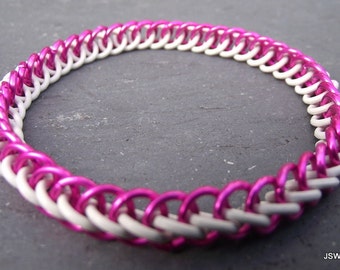 Stretch Chainmail Pink and White Aluminum and Rubber Bracelet, Chainmaille Cancer Awareness Jewelry