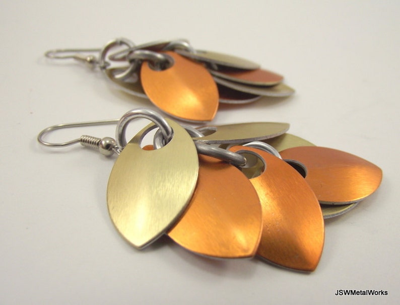 Orange and Gold Small Aluminum Scale Shag Earrings, Aluminum Scalemail Scale Earrings image 3