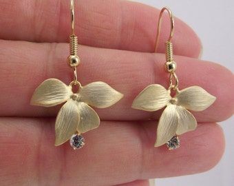 Gold Flower Earrings with Rhinestone Crystals, Gold Floral Earrings, Wedding Bridal Bridesmaid Gift for Her