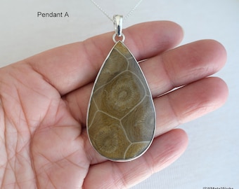 Versteinerte Koralle Silber Halskette, Fossil Silber Anhänger Geschenk für Sie oder Ihn