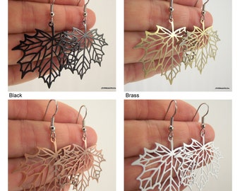 Maple Leaf Skeleton Earrings, White Copper Brass or Black Woodland Jewelry, Unique Gift for her under 20