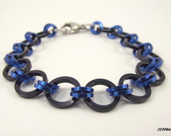 Unisex Japanese Weave Black and Blue Aluminum Chainmaille Bracelet, Square Rings Chainmail Bracelet, Gift for Him or Her