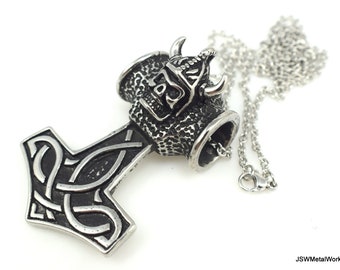 Stainless Steel Thor's Hammer Necklace with Viking Helmet Skull for Men or Women, Mjölnir Amulet