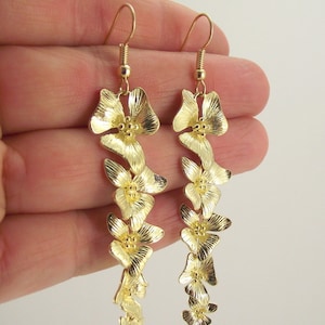 Long Cascading Flower Earrings, Shiny Gold Dangle Earrings, Gift for her under 35
