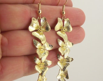 Long Cascading Flower Earrings, Shiny Gold Dangle Earrings, Gift for her under 35