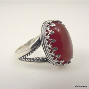 Large Victorian Sterling Silver Carnelian Ring, Ornate Silver Filigree Ring Size 8