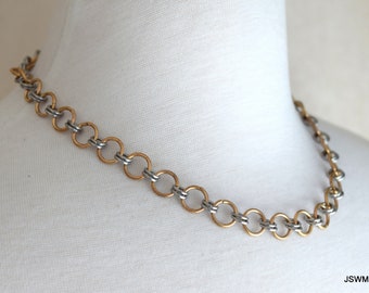 Antiqued Brass and Stainless Steel Classic Everyday Necklace, Handmade Specialty Chain Necklace for Men or Women