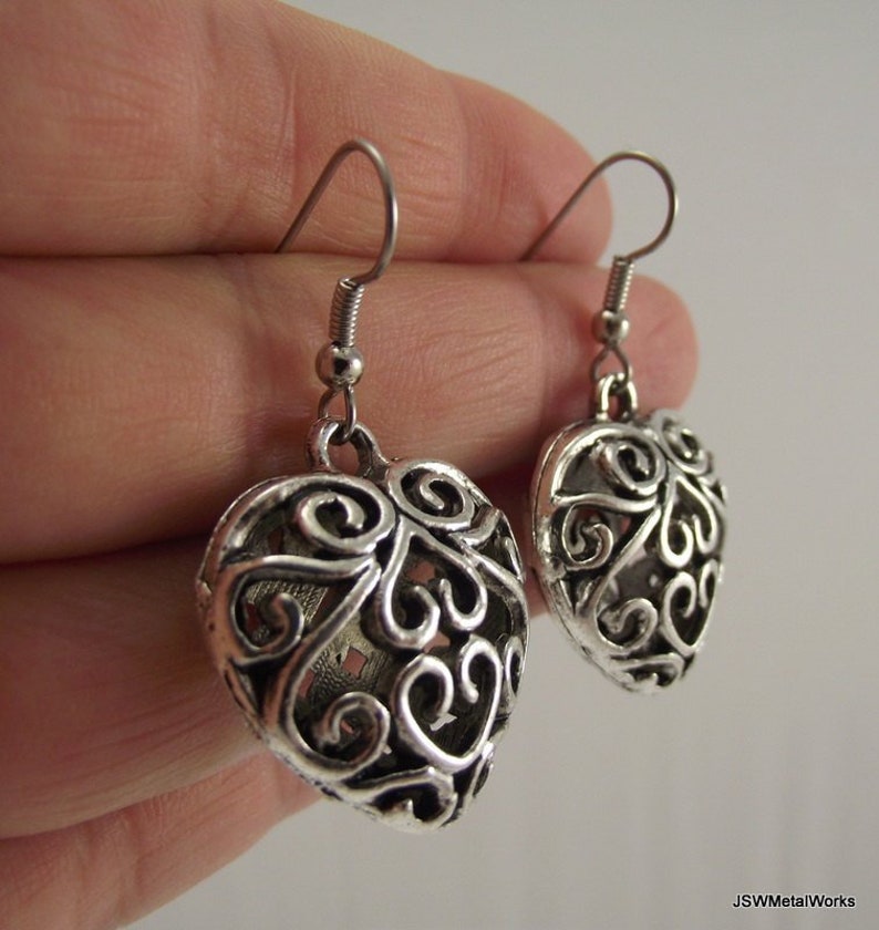 Puffed Antiqued Silver Filigree Heart Earrings, Silver Pewter Earrings, Love Valentine's Day Gift for her under 25 image 1