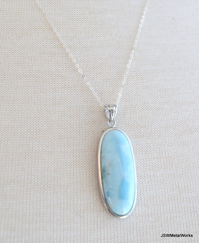 Silver Oval Larimar Necklace 20 Inch Sterling Silver Cable | Etsy