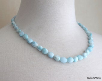 Larimar Beaded Sterling Silver Necklace, Luxe Light Blue Larimar Silver Gemstone Necklace