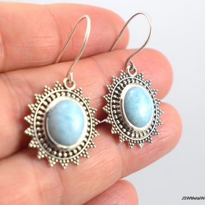 Dotted Silver Oval Larimar Earrings, Light Blue Oval Larimar 925 Sterling Silver Earrings