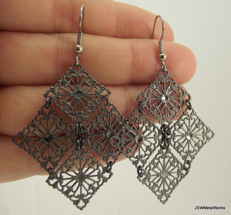 Gift for Women Medium Diamond Gunmetal Filigree Chandelier Earrings