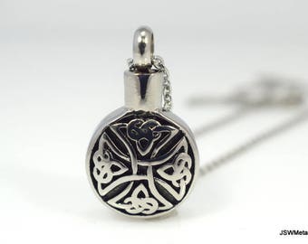 Stainless Steel Celtic Cross Vial Pendant Necklace for Men or Women, Cremation Urn Necklace